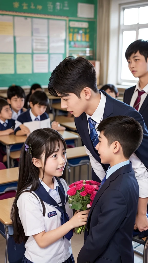 A handsome boy is confessing his love to a pretty girl in a school classroom。
The boy is holding a bouquet。