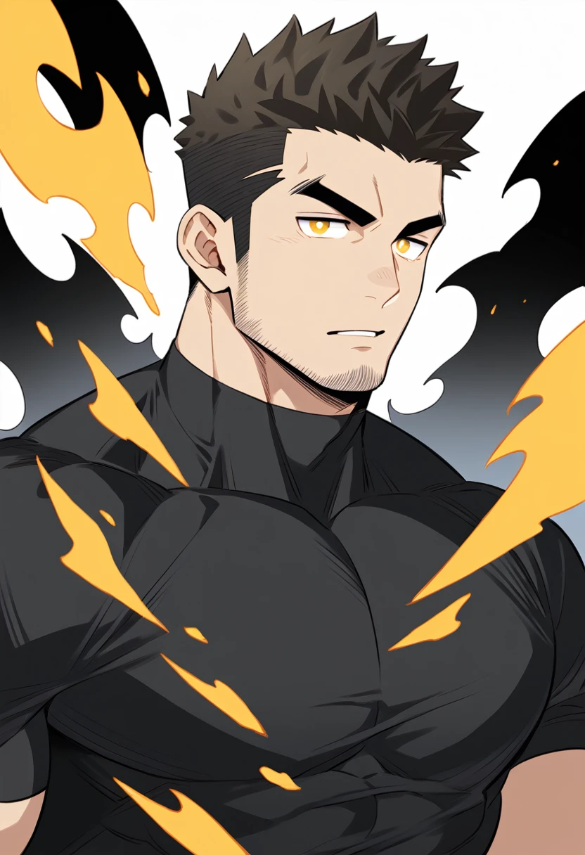 one , anime characters:Gyee, Priapus, One Muscle Sports Student, negrok skin, Very Black, muscular tough guy, Manliness, male focus, Grey long sleeve turtleneck tight t-shirt, Regular symmetrical pattern, Very tight, muscular male, muscular, only, Upper body, alone, Black short hair, Thick eyebrows, stubble, Yellow eyes, White background, simple background, amazing quality, best aesthetics, Ridiculous, bright pupils, crew cut, parted lips, v-shaped eyebrows, jitome, best quality