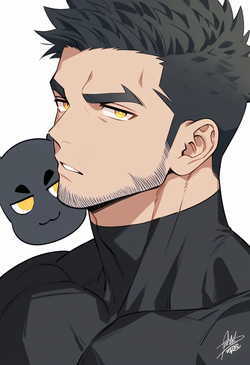 one negro, anime characters:Gyee, Priapus, One Muscle Sports Student, negro black skin, Very Black, muscular tough guy, Manliness, male focus, Grey long sleeve turtleneck tight t-shirt, Regular symmetrical pattern, Very tight, muscular male, muscular, only, Upper body, alone, Black short hair, Thick eyebrows, stubble, Yellow eyes, White background, simple background, amazing quality, best aesthetics, Ridiculous, bright pupils, crew cut, parted lips, v-shaped eyebrows, jitome, best quality