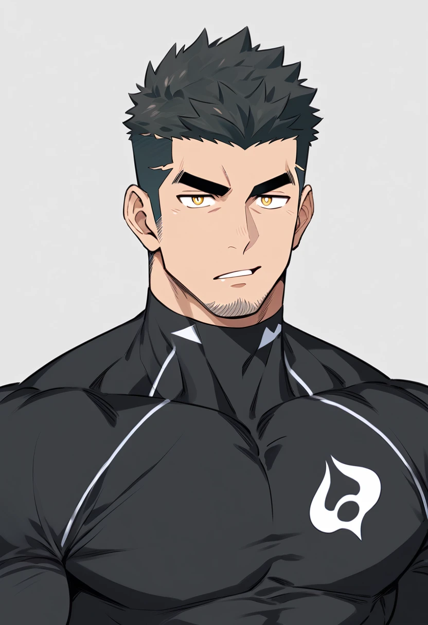 one negro, anime characters:Gyee, Priapus, One Muscle Sports Student, negro black skin, Very Black, muscular tough guy, Manliness, male focus, Grey long sleeve turtleneck tight t-shirt, Regular symmetrical pattern, Very tight, muscular male, muscular, only, Upper body, alone, Black short hair, Thick eyebrows, stubble, Yellow eyes, White background, simple background, amazing quality, best aesthetics, Ridiculous, bright pupils, crew cut, parted lips, v-shaped eyebrows, jitome, best quality