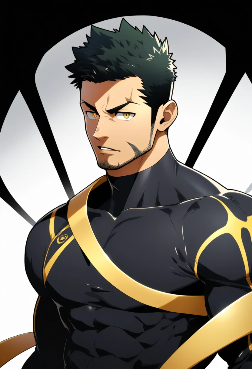 one negro, anime characters：Gyee, Priapus, One Muscle Sports Student, negro black skin, Very Black, muscular tough guy, Manliness, male focus, Grey long sleeve turtleneck tight t-shirt, Regular symmetrical pattern, Very tight, muscular male, muscular, only, Upper body, alone, Black short hair, Thick eyebrows, stubble, Yellow eyes, White background, simple background, amazing quality, best aesthetics, Ridiculous, bright pupils, crew cut, parted lips, v-shaped eyebrows, jitome, best quality