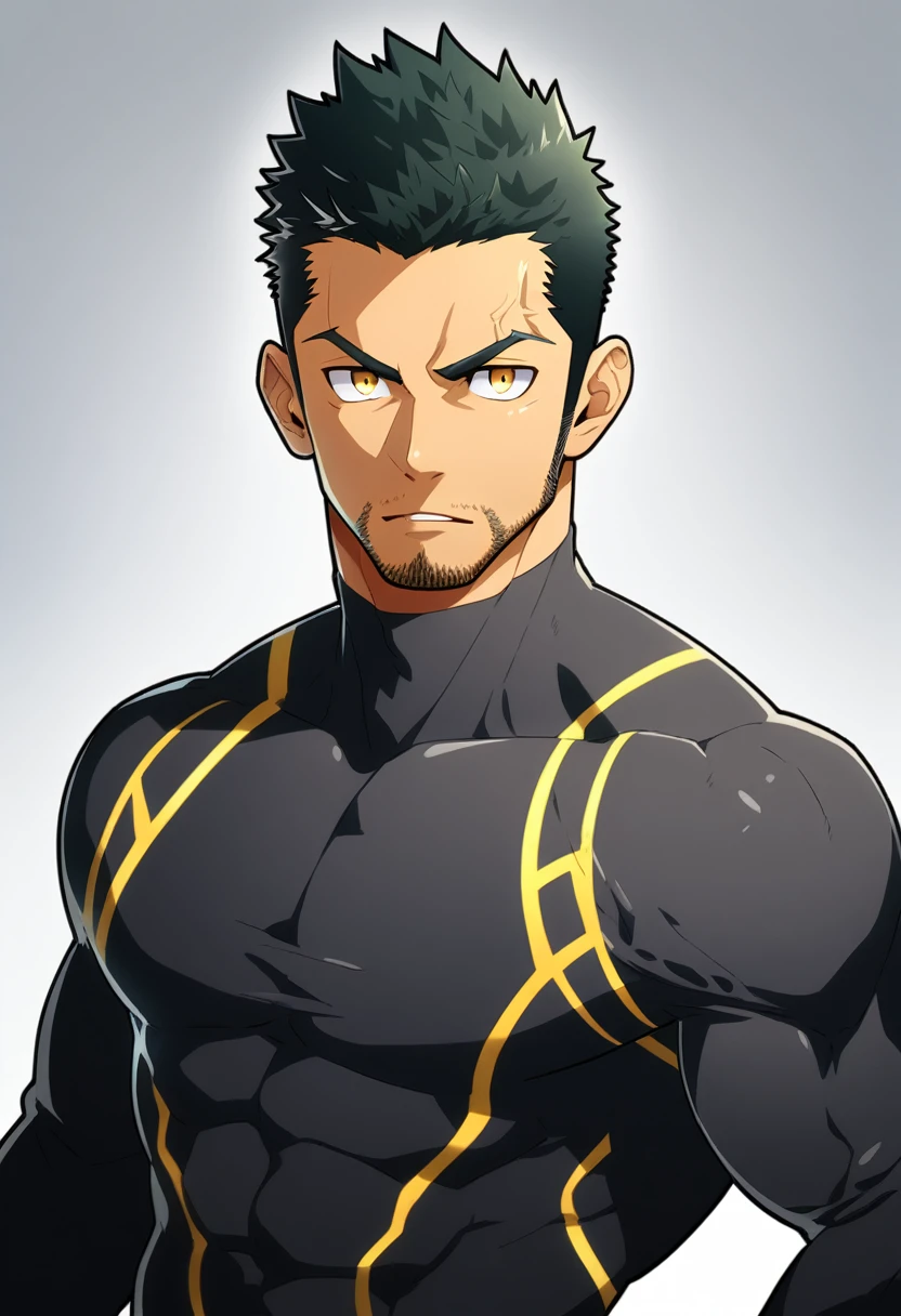 one negro, anime characters:Gyee, Priapus, One Muscle Sports Student, negro black skin, Very Black, muscular tough guy, Manliness, male focus, Grey long sleeve turtleneck tight t-shirt, Regular symmetrical pattern, Very tight, muscular male, muscular, only, Upper body, alone, Black short hair, Thick eyebrows, stubble, Yellow eyes, White background, simple background, amazing quality, best aesthetics, Ridiculous, bright pupils, crew cut, parted lips, v-shaped eyebrows, jitome, best quality