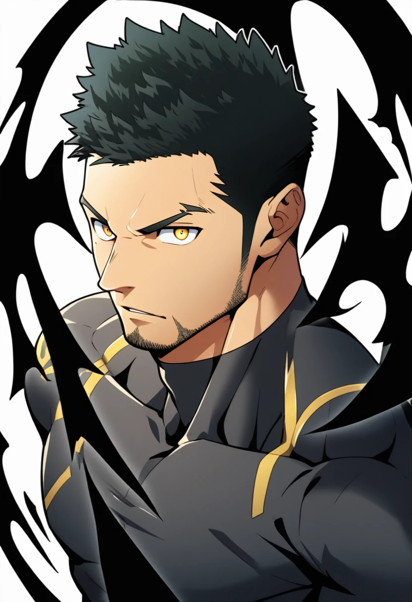 one negro, anime characters：Gyee, Priapus, One Muscle Sports Student, negro black skin, Very Black, muscular tough guy, Manliness, male focus, Grey long sleeve turtleneck tight t-shirt, Regular symmetrical pattern, Very tight, muscular male, muscular, only, Upper body, alone, Black short hair, Thick eyebrows, stubble, Yellow eyes, White background, simple background, amazing quality, best aesthetics, Ridiculous, bright pupils, crew cut, parted lips, v-shaped eyebrows, jitome, best quality