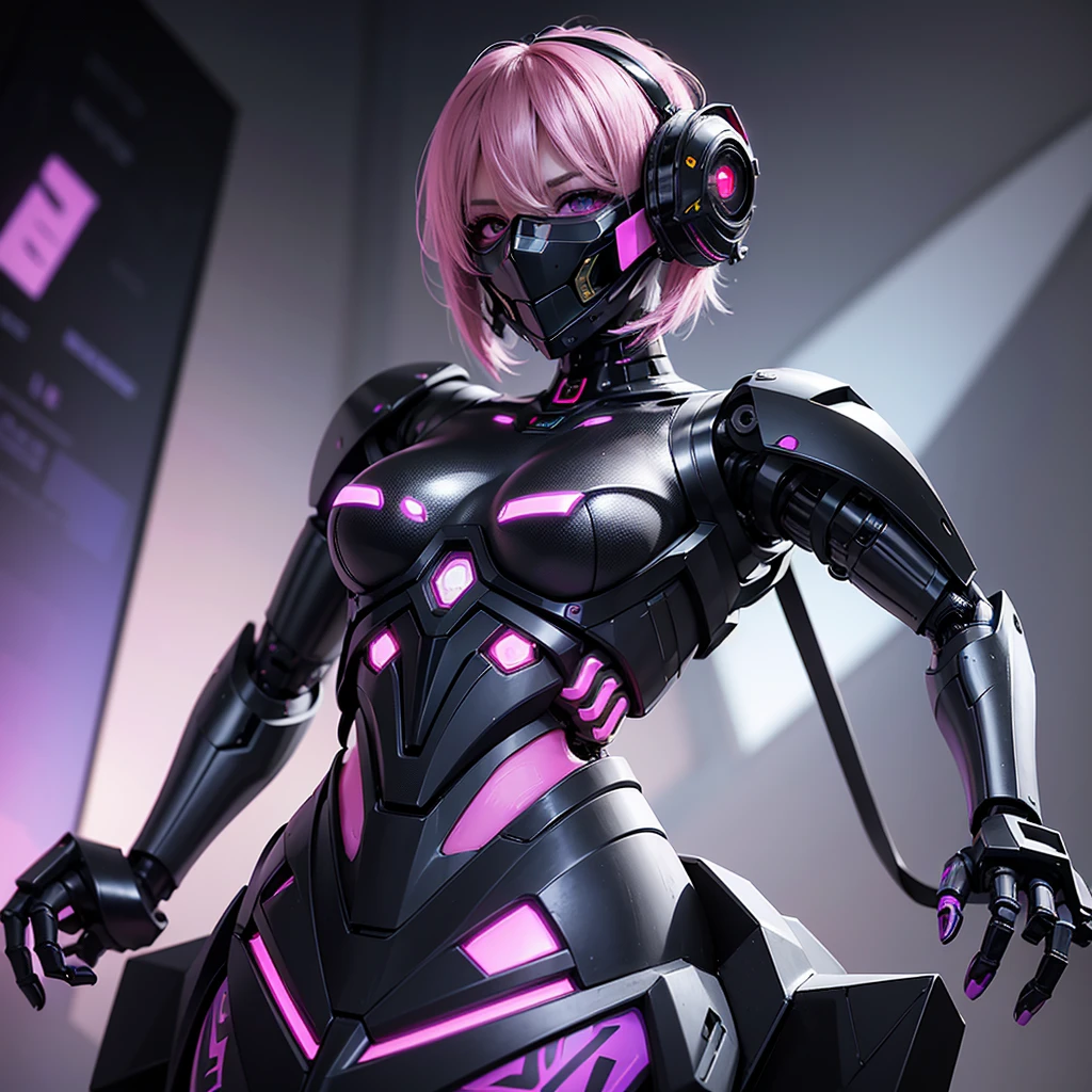 a girl with a sleek and attractive robotic body, featuring high-tech components. She has short pink hair, purple eyes, and an angry expression. She is wearing a mask that partially obscures her face, with her polished mechanical limbs and torso emphasizing her allure despite her intense emotions. (((black cyber masker)))