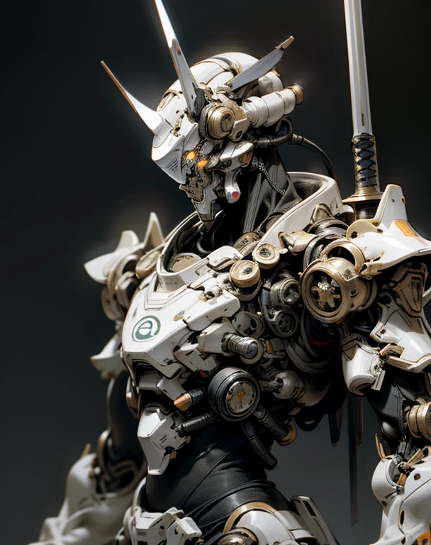 the WHITE Emperor cyborg wear  dewa mask,,  focus on advanced technology and agility. Equip the Exoskeleton Armor, the Enhanced Sensors for quick repositioning. ultra realistic, 8k uhd, fully weapon gears,  solid armor,  at center body got nano tech grey color  circle gears, high impact design and concept,  big shoulder armour, hold a big hi tech sword , cinematic, dramatic shadow, intricate design armor