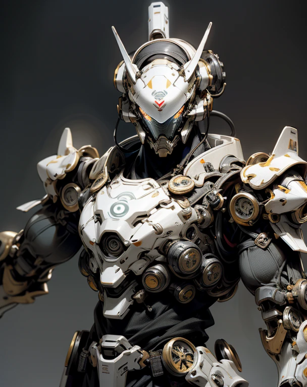 the WHITE Emperor cyborg wear dewa mask,, focus on advanced technology and agility. Equip the Exoskeleton Armor, the Enhanced Sensors for quick repositioning. ultra realistic, 8k uhd, fully weapon gears, solid armor, at center body got nano tech grey color circle gears, high impact design and concept, big shoulder armour, hold a big hi tech sword , cinematic, dramatic shadow, intricate design armor