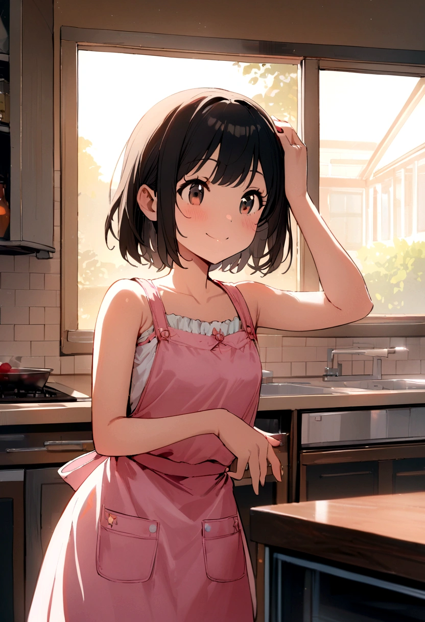 One girl, short hair,Black Hair,smile, summer, kitchen,apron, Hold your head high,5th grade elementary school, Look here,Pink Tank Top,front,transparent, (masterpiece, Highest quality), Soft Light, Structure of the film, Like a movie