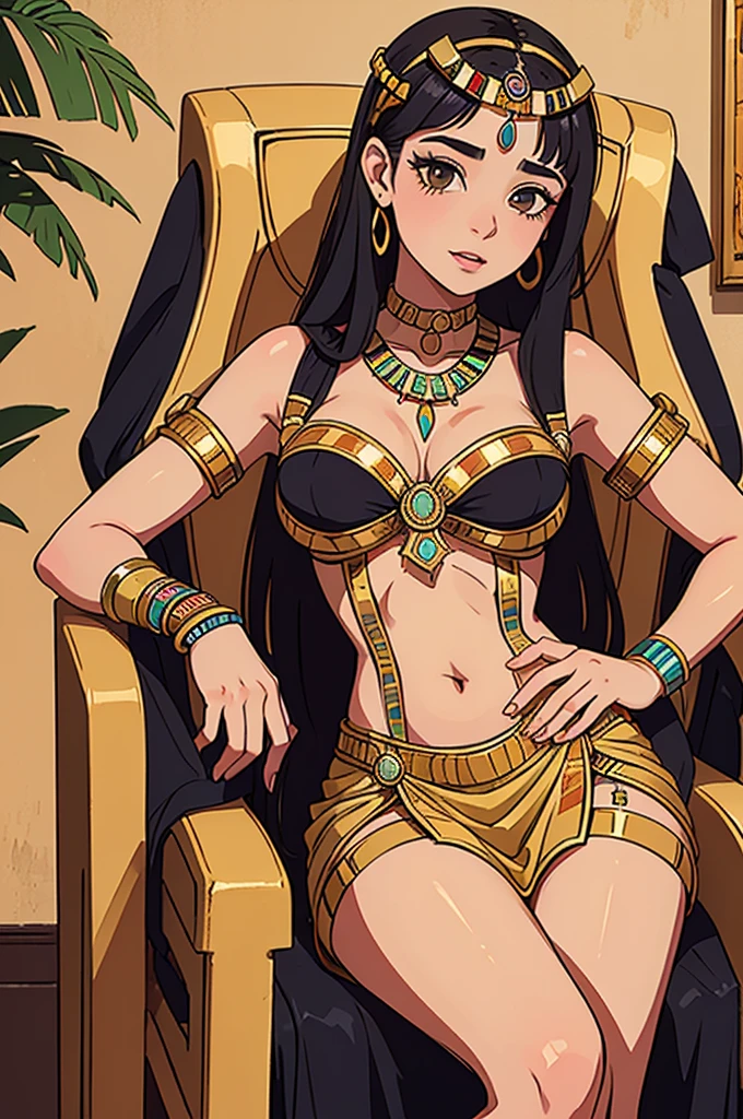 Create a full-length portrait of Nefertari, the ancient Egyptian queen. She sits cross-legged in a plush chair, exuding grace and authority. Nefertari has a beautiful face adorned with traditional ancient Egyptian makeup and jewels. She wears an elaborate traditional Egyptian dress, showing off her high status. Clothes are less revealing. The background features lush papyrus plants, enhancing the ancient Egyptian feel and emphasizing the royal setting.