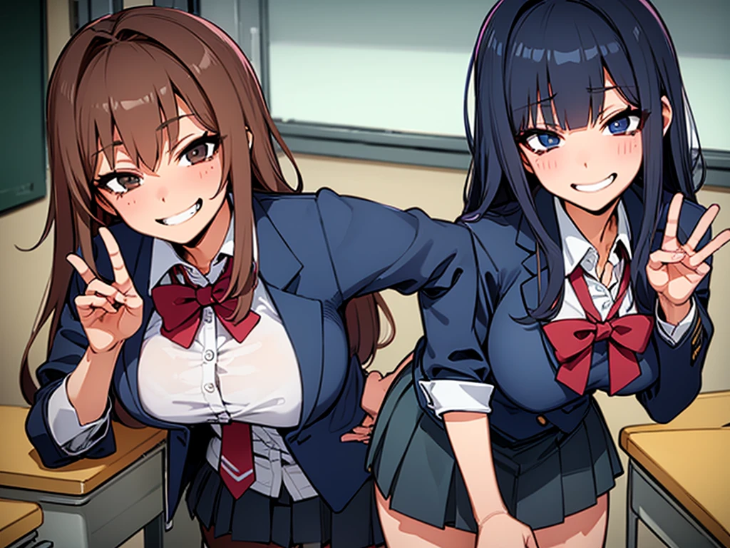 high school girl、Dressed in high 、School classroom、(Big Breasts)、Grinning face、((solo))、smirk
