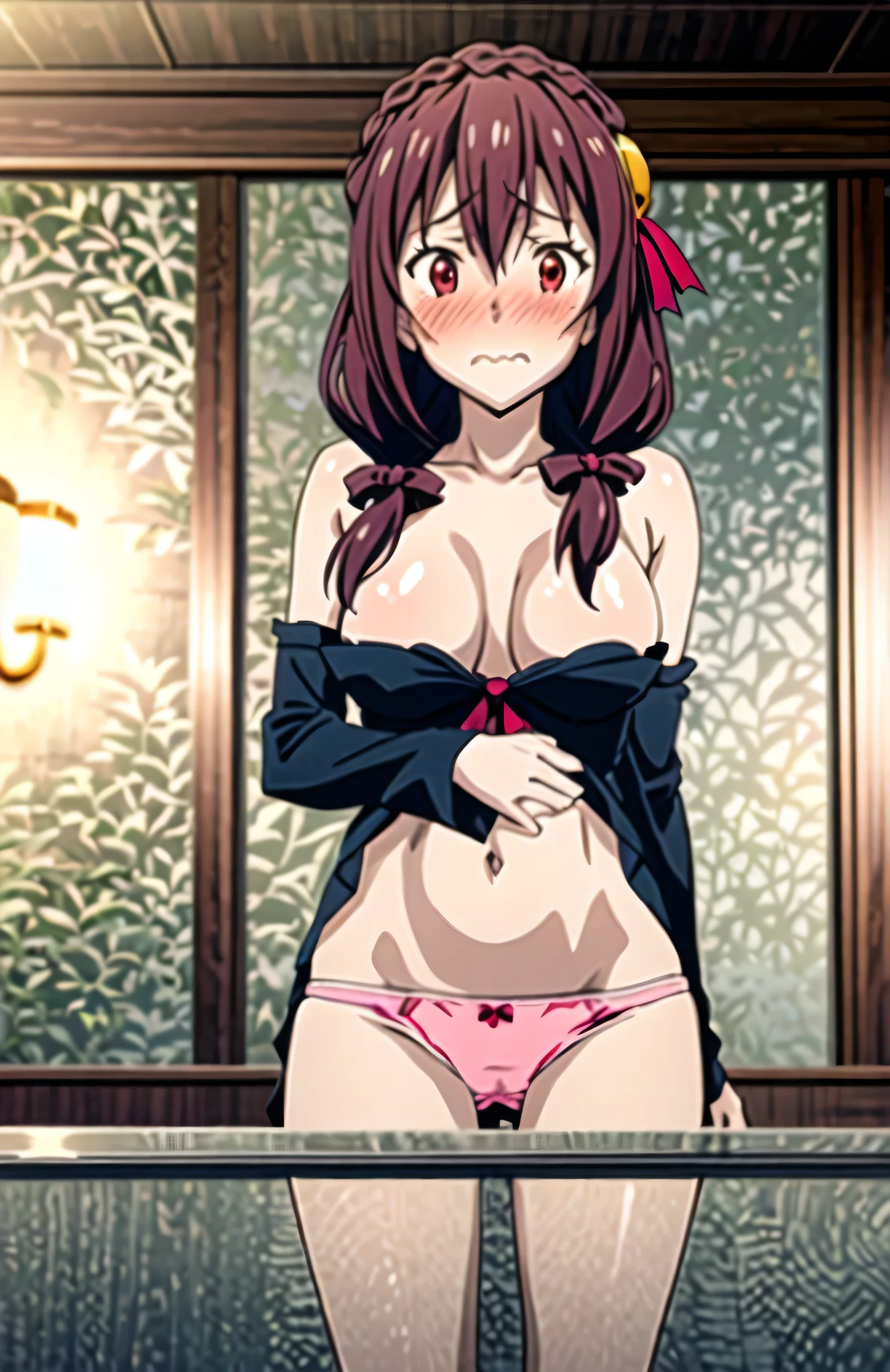 (masterpiece, Highest quality), One girl, Yunyun,Long Hair,Braiding,Twin tails,Hair between the eyes,Red hair ribbon,hair ornaments,large round breasts,、Fluttering pink skirt、Black Hair、Red Eyes、(Embarrassed face:1.2)、indoor、Crown Blade,cowboy shot、(blush:1.2)、I see pink panties、View from below、Look Back、(Upper body naked)