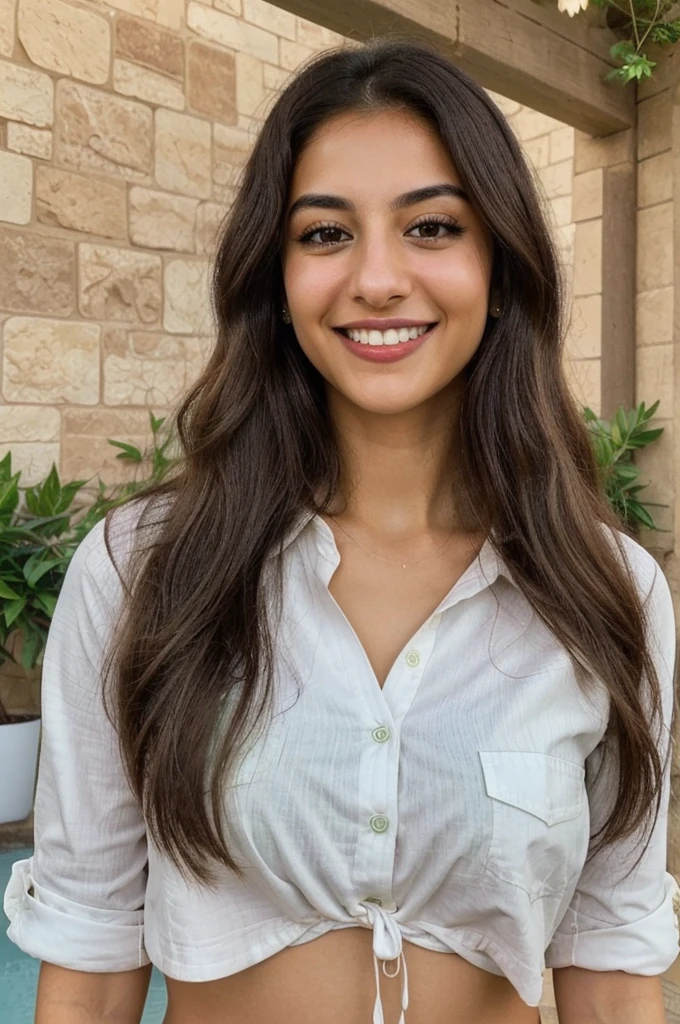 24YO, one attractive Jordanian women, cute smile, white teethes, full green shirt, light brown eyes, small nose, black/brown long hair