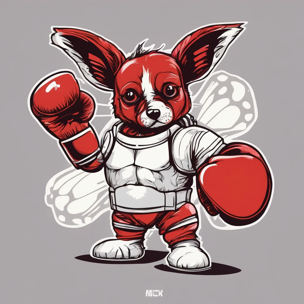 "Illustration d'un papillon en style cartoon. Il porte de grands gants de boxe rouges détaille tres important , qui sont bien visibles Son visage exprime détermination et confiance ,il a une attitude de combatant avec de grands yeux expressifs et un sourire léger. The background is simple but dynamic, Colors are bright and vibrant, giving the whole a positive and energetic atmosphere.