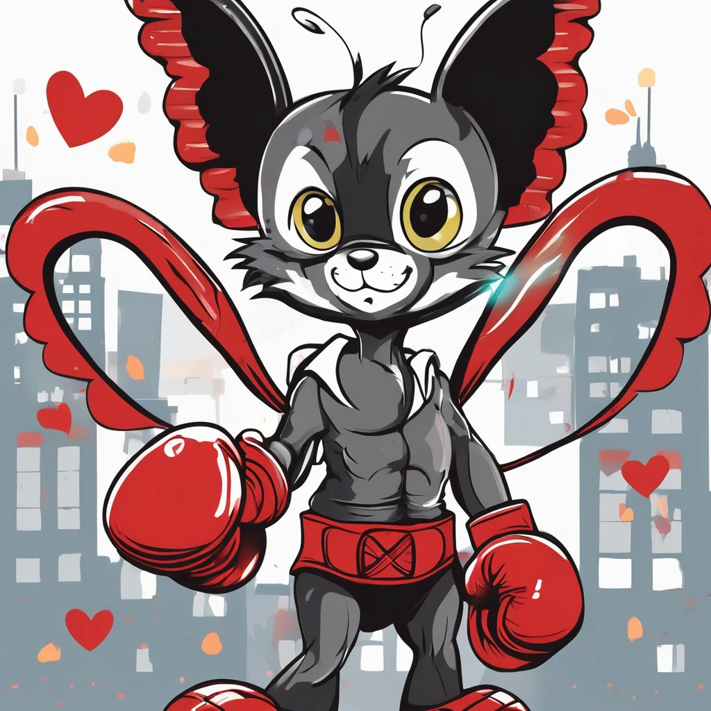 "Illustration d'un papillon en style cartoon. Il porte de grands gants de boxe rouges détaille tres important , qui sont bien visibles Son visage exprime détermination et confiance ,il a une attitude de combatant avec de grands yeux expressifs et un sourire léger. The background is simple but dynamic, Colors are bright and vibrant, giving the whole a positive and energetic atmosphere.