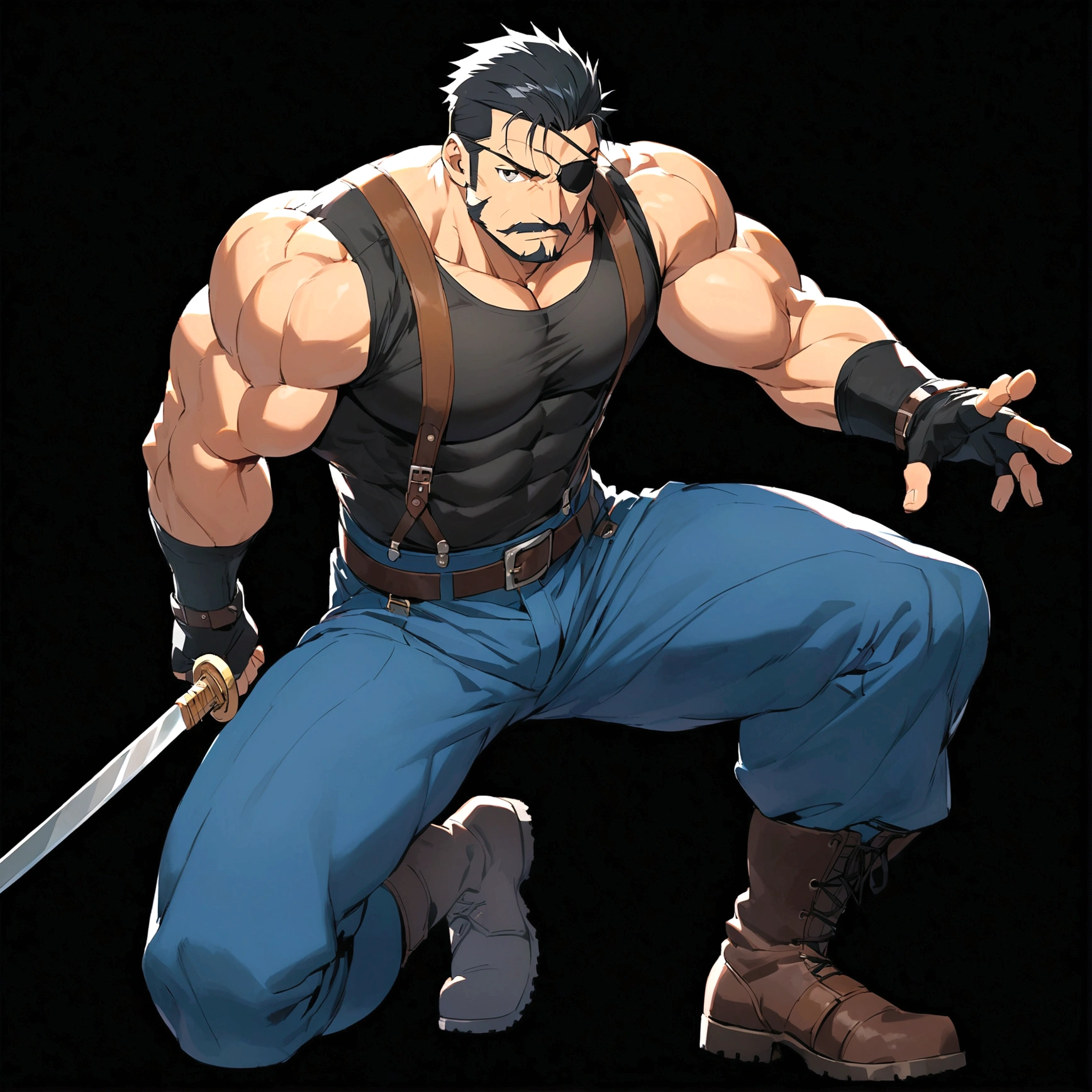 Fullmetal Alchemist,King Bradley,solo, looking at viewer, short hair, simple background, shirt, black hair, gloves, 1boy, holding, full body, weapon, male focus, boots, belt, pants, sword, fingerless gloves, holding weapon, black shirt, muscular, facial hair, holding sword, eyepatch, suspenders, pectorals, muscular male, black background, bara, beard, mature male, mustache, blue pants, covered abs, tight shirt