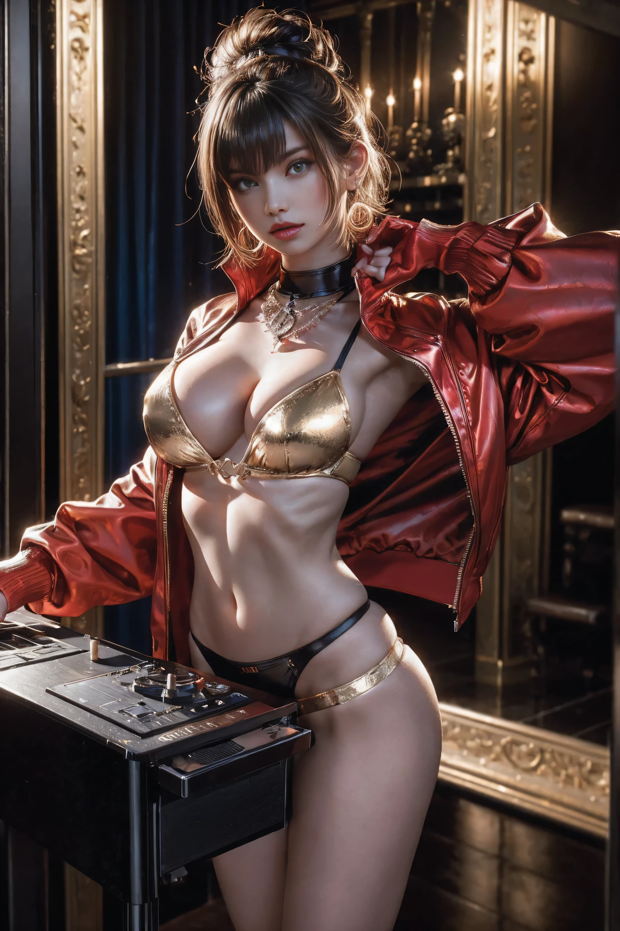 Best Cinematography,Real photography,Great and handsome work,This is a real photo,Clear picture quality,8K resolution,8K HD CG production,Ultra-clear, High Detail, Ultra-fine images,High-end, Work clearly and meticulously,Detailed CG image quality:1.1,Ultra-high resolution large files,Advanced Pixel,Advanced Details,Superb technical clarity details:1.1,Real photography,indoor light light effect,Natural Light effect,Light Effect(Simulate light effect:1.1)A sexy and mature lady,,(Extremely exquisite and beautiful work:1.1)A very sexy and beautiful woman,Have perfect body proportions,Tight body lines,Sexy perfect body curves(Big breasts),The ultimate sexy water snake waist,Sexy peach buttocks,Moist skin feeling,Clear skin texture(Advanced Skin Detail:1.1)The best ratio of four fingers to one thumb.Beautiful and exquisite manicure,Feet with perfect thigh and calf proportions,A woman on a plate,A female DJ,Electronic Music Goddess,Short hair sister,Gold foil short hair,Gold foil short hair,Superfine hair,Clear hair(Super Hair Detail:1.5),Has deep red pupils,A pair of crescent eyes,Delicate eyelash makeup, Thin eyebrows, Super detailed eyes,Red lips,Sexy red lips, Red face, Delicate face makeup , Pretty face, Perfectly proportioned face,(Advanced facial details:1.1),necklace,Earrings and Nipple Rings,bracelet,Waist chain,Red headphones,Wear black leather shorts,Leather Shorts,White sexy lingerie with black jacket,White suspender underwear,Pointed high heels,Small tattoo on the side of belly button,Tattoo,Solitary,Performing on stage,DJing on stage,Nightclub style,DJ performance,Electric DJ serielack and white serieormat image,Mature series,Real photography,The album cover,Reality,Astonishing