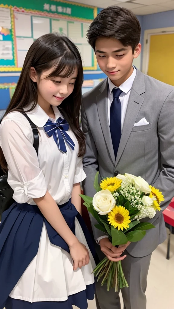 A handsome boy is confessing his love to a pretty girl in a school classroom。
The boy is holding a bouquet。
They are both high school age.。