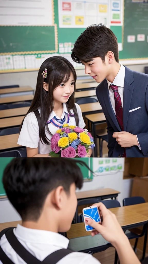 A handsome boy is confessing his love to a pretty girl in a school classroom。
The boy is holding a bouquet。
They are both high school age.。