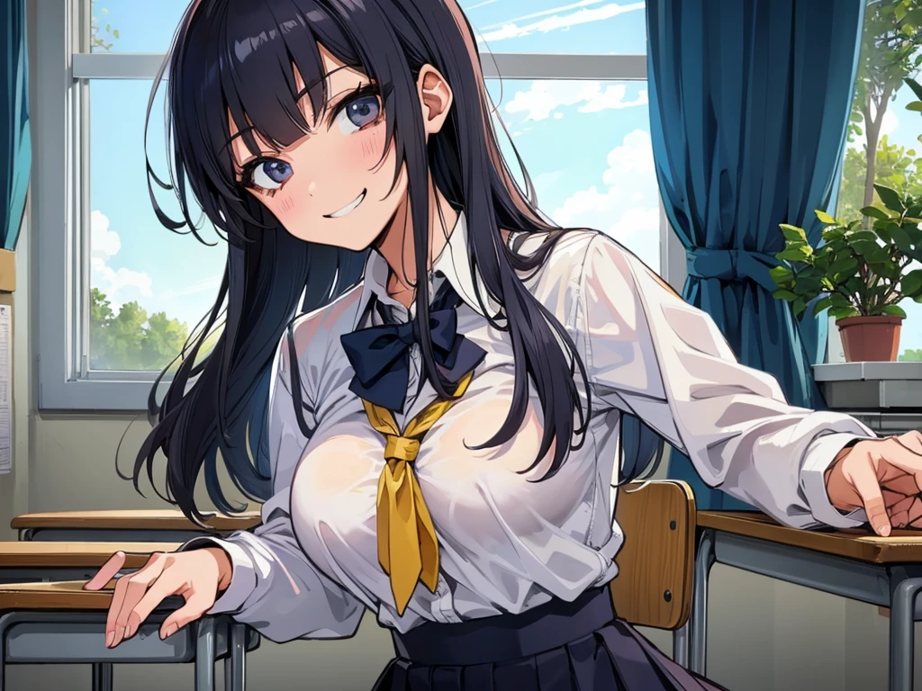high school girl、Dressed in high 、School classroom、(Big Breasts)、Grinning face、((solo))、smirk