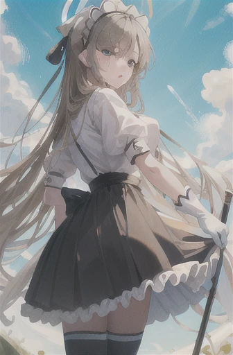 (absurdres), (best quality), (masterpiece), 1girl, asuna, blue eyes, long hair, saturated, halo, hair over one eye, very long hair, light brown hair, (breasts), hair ribbon, maid, maid headdress, black dress, apron, frills, frilled apron, puffy sleeves, short sleeves, white gloves, (distant, standing in a field:1), white thighhighs, arms behind back, (looking into the distance)