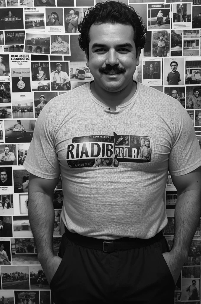 Uma fotografia em preto e branco de Pablo Escobar, sorrindo levemente, vestindo uma camisa casual. He is posing for a police mugshot. No fundo, there is a montage with images of busy streets in Medellín, stacks of money and old newspaper clippings mentioning the Medellín cartel.