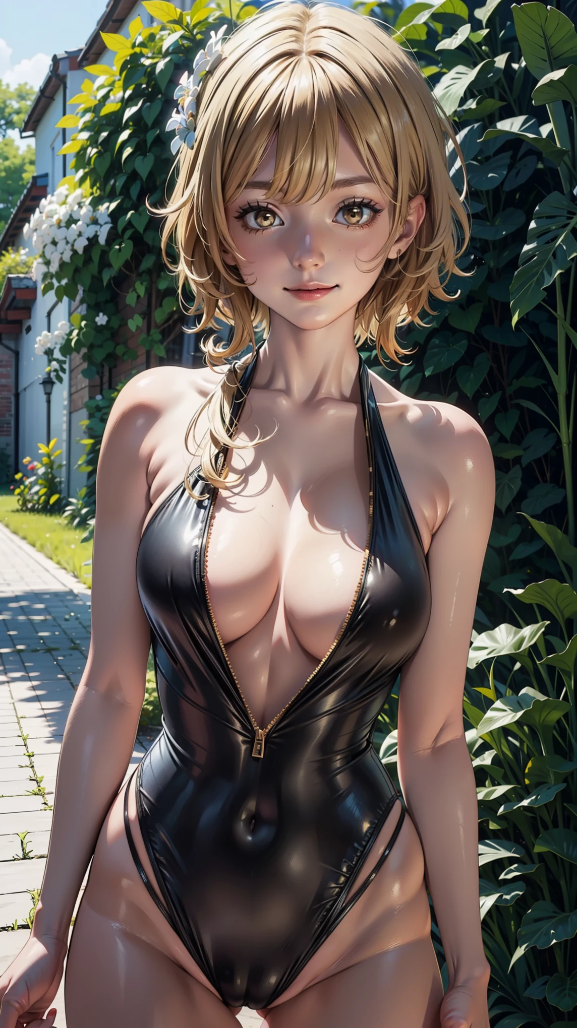 (Luminernd), masterpiece,large , outdoors, looking at viewer, detail eyes, detail face, standing, smile, (front view:1.3), Center Opening Front Zipper Swimsuit/Open One-Piece Swimsuit, half body shot