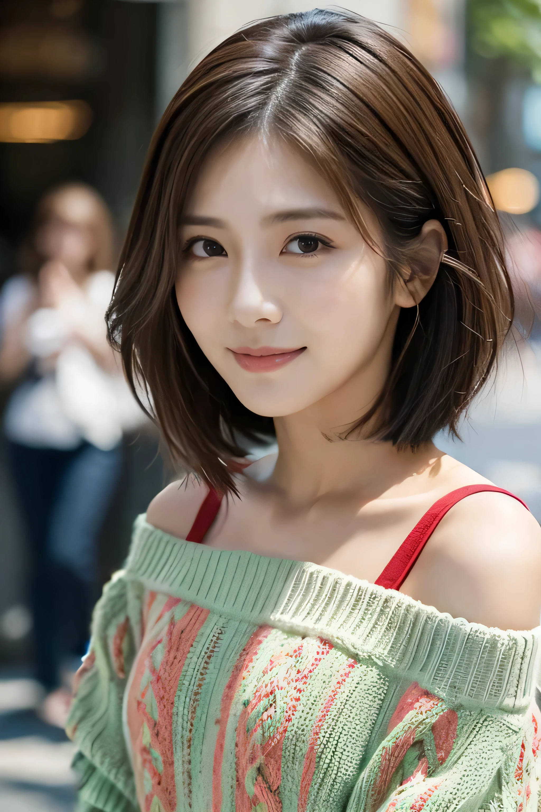 red、green、Colorful off-the-shoulder sweater in blue,