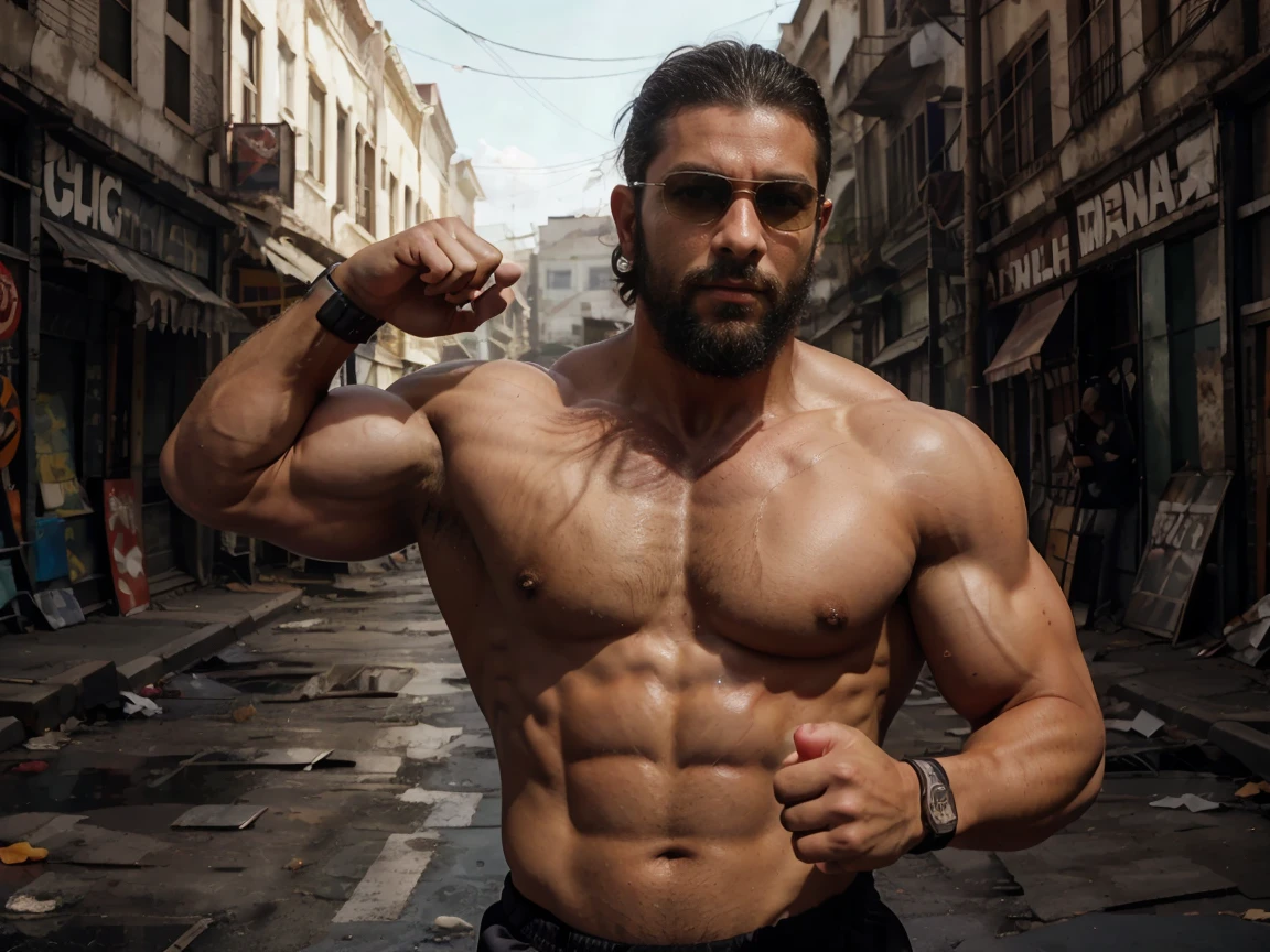 running man, A very muscular man with a strong build. He has a well-defined jaw and a serious expression, doesn't look at the camera. Su piel es clara, y tiene barba corta. karateka, Running for your life!, pants, chaqueta gruesa abierta mostrando su torso bien definido, hermoso rostro，lleno de luz，Una mirada decidida, corte militar, ruso, apocalyptic city background, luchando contra zombies, punches against zombies, sneaker mask, gafas de sol, torso peludo, cara mirando a otro lado, no background vacío, dinamic pose