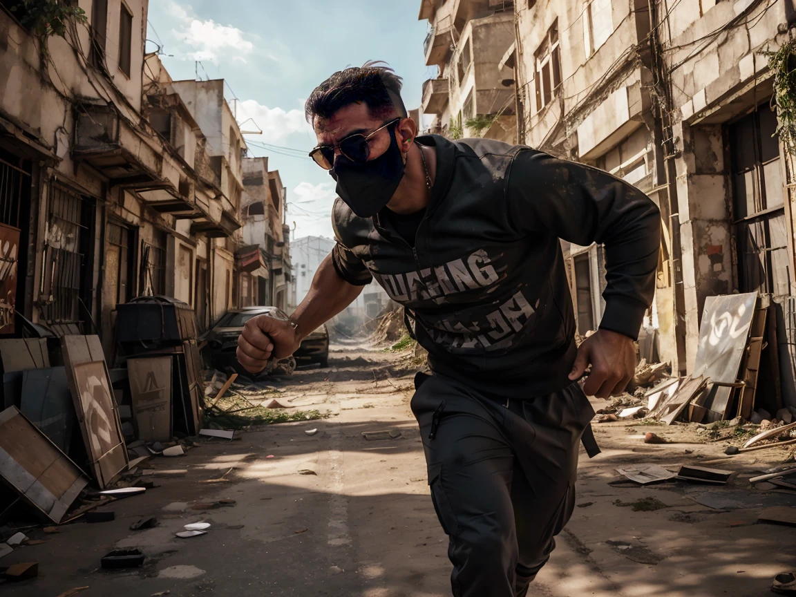 running man, A very muscular man with a strong build. He has a well-defined jaw and a serious expression, doesn't look at the camera. Su piel es clara, y tiene barba corta. karateka, Running for your life!, pants, chaqueta gruesa abierta mostrando su torso bien definido, hermoso rostro，lleno de luz，Una mirada decidida, corte militar, ruso, apocalyptic city background, luchando contra zombies, punches against zombies, sneaker mask, gafas de sol, torso peludo, cara mirando a otro lado, no background vacío, dinamic pose