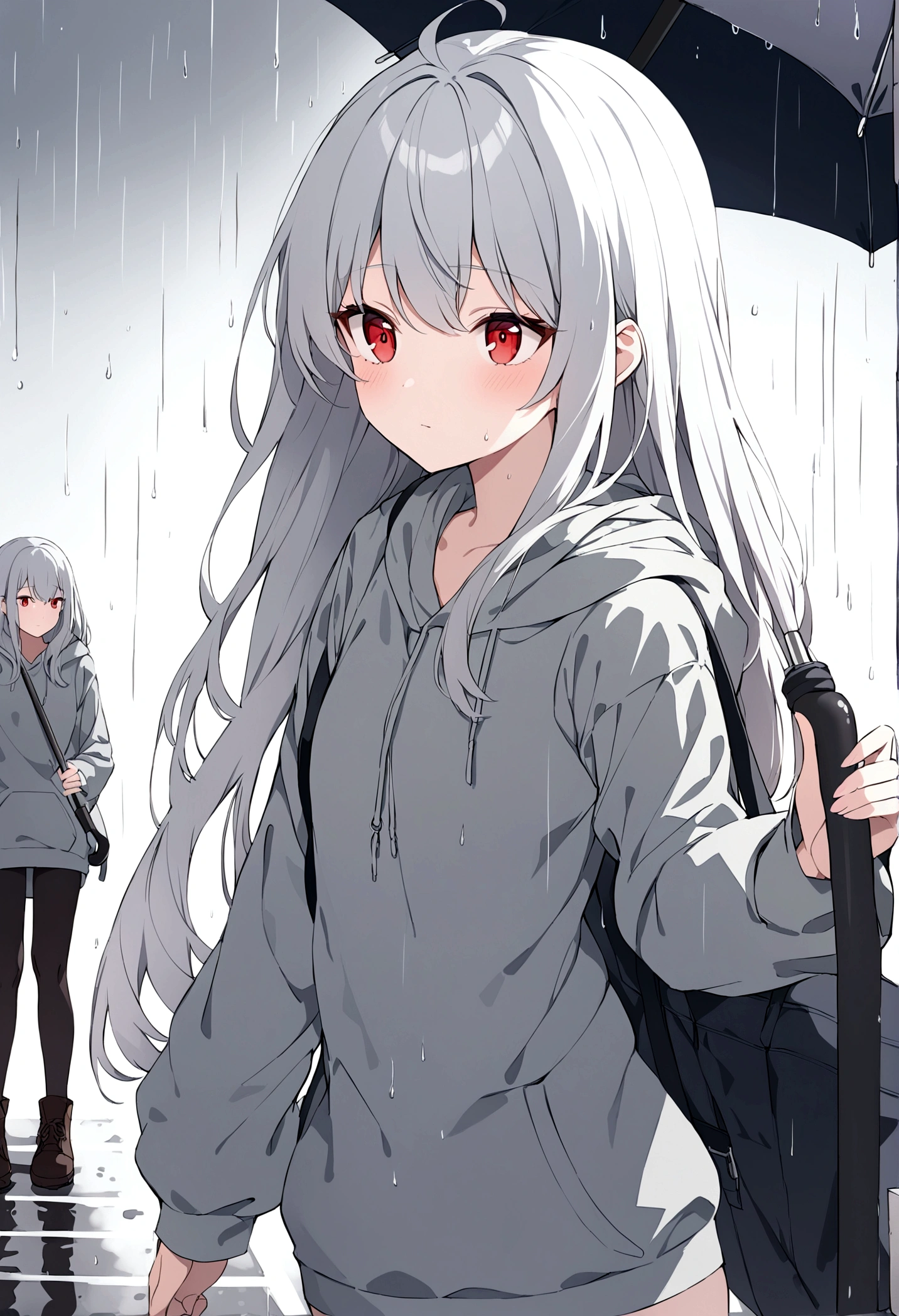girl , red eye, white long hair, gray hoddie , It's raining, holding an umbrella and wanting to cross the road