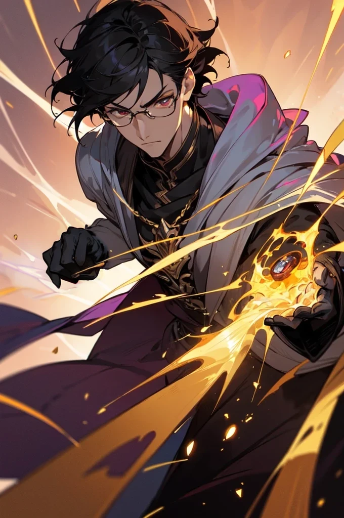 masterpiece, best quality, 1 male, young, tall muscular, handsome, finely detailed eyes, intricate details, black hair, short hair, evil face, solo, upper body, detailed dark shadow background, detailed face, good sorcerer, color magical robes, determined expression, white color scheme, dark crimson light, glowing magical runes, realistic lighting, floating particles, sparks, surrounded by gold lightning red arcane symbols, corrupted by eldritch power, bloom, glasses, gloves