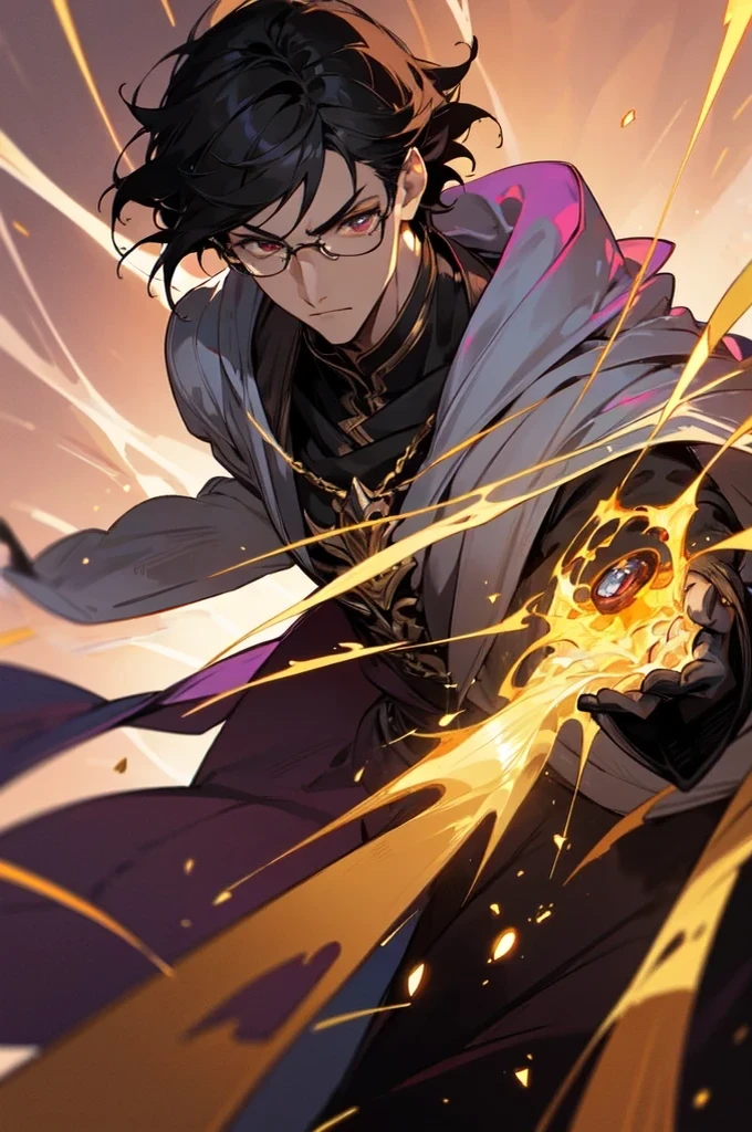 masterpiece, best quality, 1 male, young, tall muscular, handsome, finely detailed eyes, intricate details, black hair, short hair, evil face, solo, upper body, detailed dark shadow background, detailed face, good sorcerer, color magical robes, determined expression, white color scheme, dark crimson light, glowing magical runes, realistic lighting, floating particles, sparks, surrounded by gold lightning red arcane symbols, corrupted by eldritch power, bloom, glasses, gloves