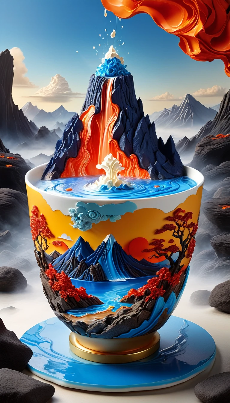 (masterpiece, high quality, best quality, Official Art, Beauty and aesthetics: 1.2), Milk tea cup, (volcano exploding,Magma flow),Surrounded by blue rocks, Splashing water spray, (Chinese Landscape Paper Sculpture, Chinese Song Dynasty Landscape Painting: 1.2), (Surrealistic dream style), Ray Tracing, Ambient Occlusion, hazy, Natural light, limestone, Gel resin sheet, oc rendering,