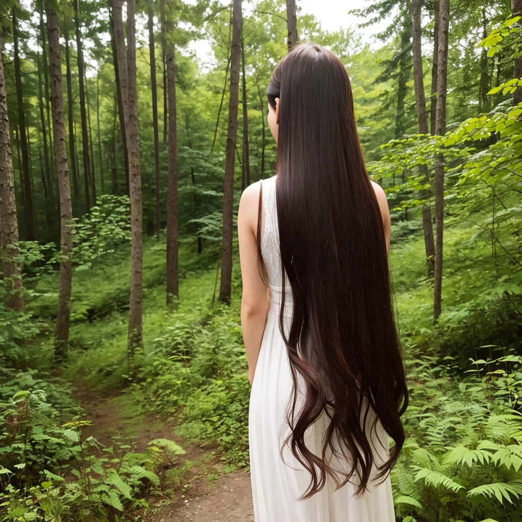 A woman with long hair, seen from behind. The background is a bright forest.