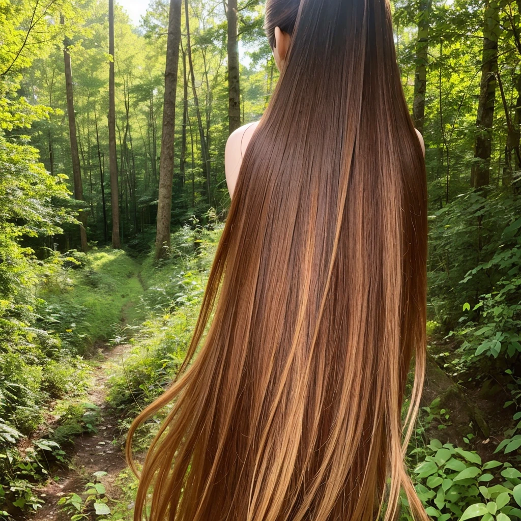 A woman with long hair, seen from behind. The background is a bright forest.