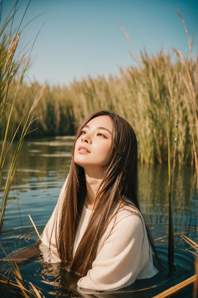 A beautiful woman with long hair playing in a lake surrounded by reeds real