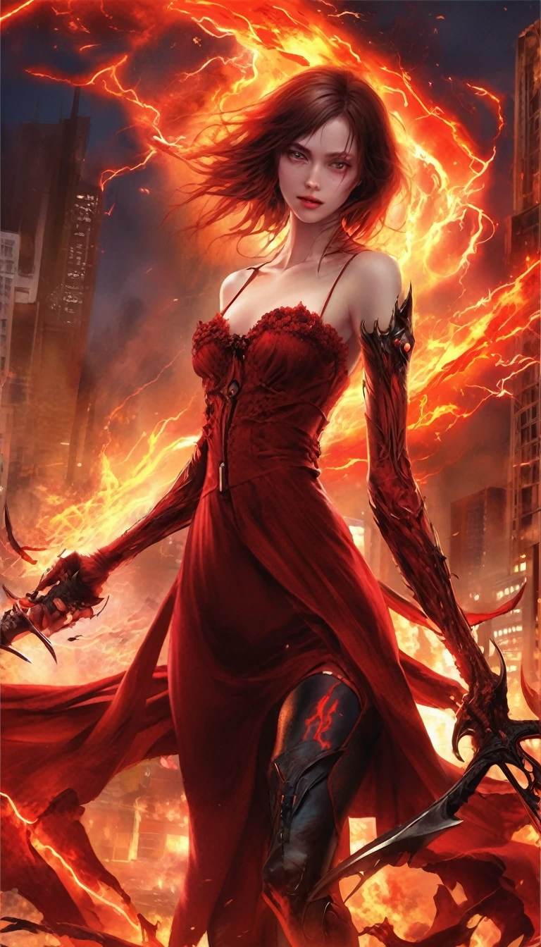 (masterpiece, High resolution, Highest quality),1 Girl, devil queen, clavicle, devilの翼, thunder, hell, fire, City of night, There was blood on my face., Scythe, devil, mysterious