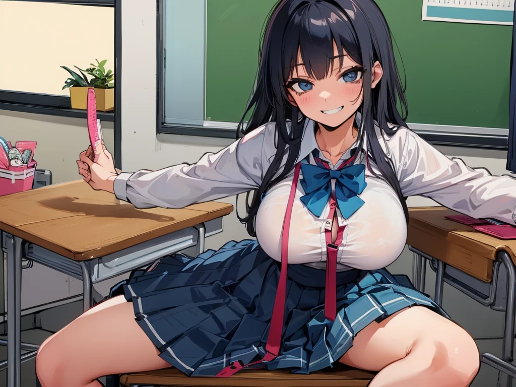 high school girl、Dressed in high 、School classroom、(Big Breasts)、Grinning face、((solo))、smirk