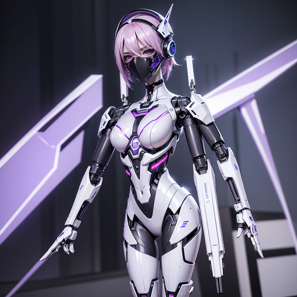 a girl with a sleek and attractive robotic body, featuring high-tech components. She has short pink hair, purple eyes, and an angry expression. She is wearing a mask that partially obscures her face, with her polished mechanical limbs and torso emphasizing her allure despite her intense emotions. (((white cyber masker))), ((body position standing upright))