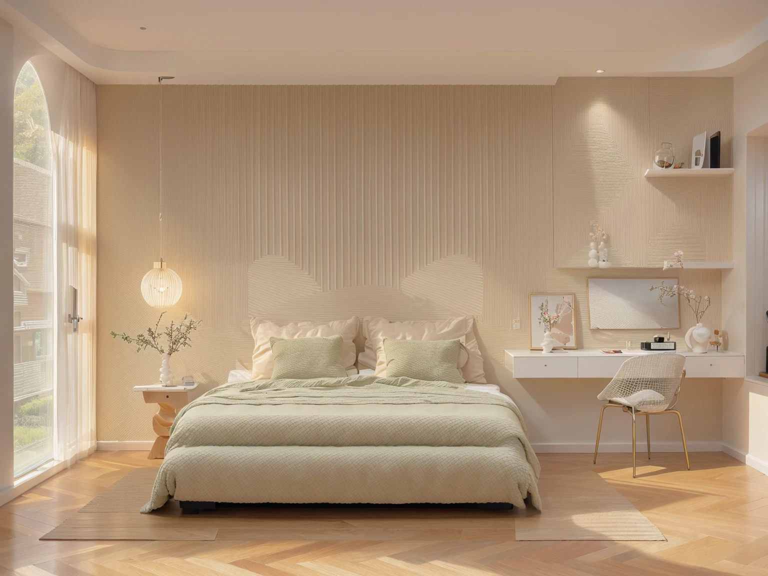 RAW photo of The bedroom becomes a showcase for exquisite works of art , masterpiece, best quality, 8k, ultra highres, In a décor style, On the wall hangs a huge oil painting, The colorful flowers exude a gorgeous fragrance in the shimmering light, On the bedside table are carefully carved crystal vases, Inside it are blooming red roses, The walls are inlaid with black glass，The shimmering light creates a mysterious and romantic atmosphere, A pair of sculptural figures stand at the end of the bed, They seem to be whispering vows of love, Every corner of this bedroom is a unique work of art like being in a dreamy art world
