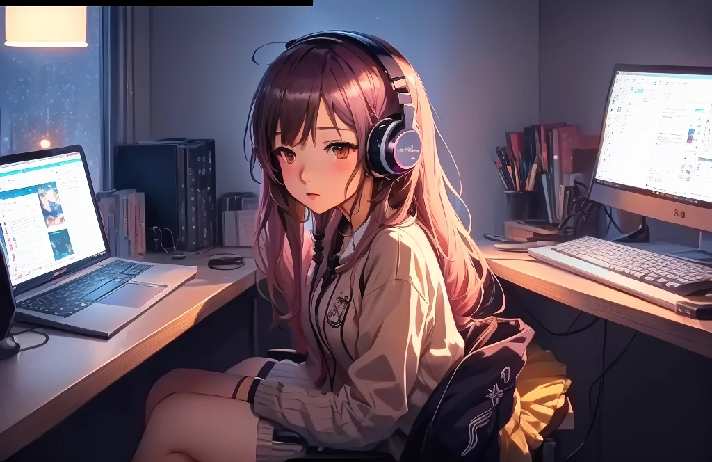 Anime girl sitting at a desk with headphones and computer on, Lofi Artstyle, Nightcore, Lo-fi Girl, Anime Style 4 k, Anime Style. 8k, Anime atmosphere, Portrait of Rofi, 4k anime wallpaper, Lofi Art, anime art wallpaper 4k, anime art wallpaper 4k, Anime Girl Desktop Backgrounds, anime wallpaper 4k