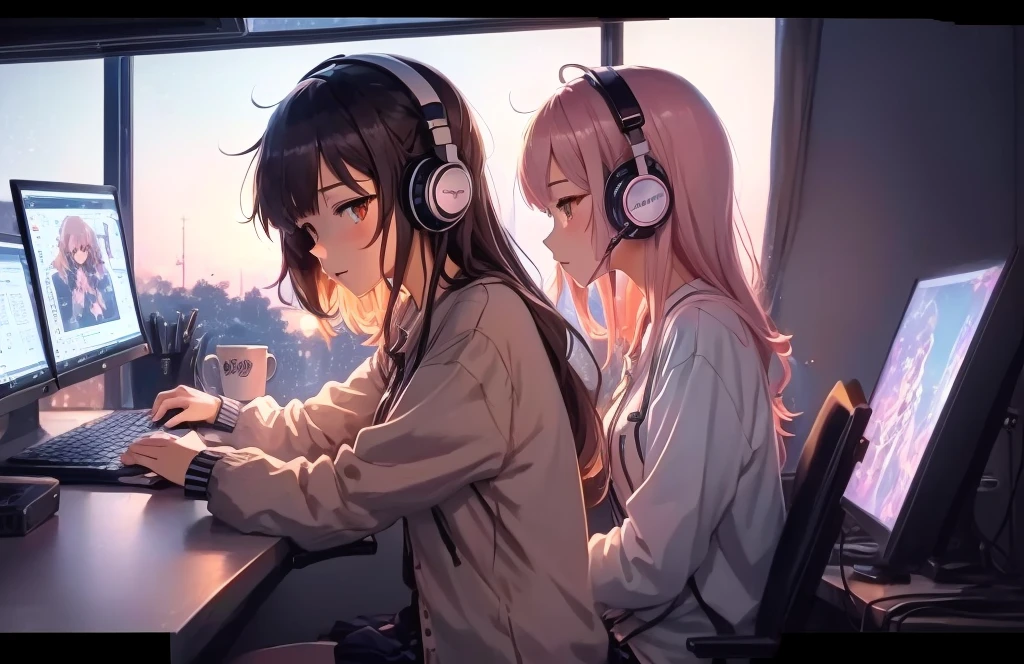 Anime girl sitting at a desk with headphones and computer on, Lofi Artstyle, Nightcore, Lo-fi Girl, Anime Style 4 k, Anime Style. 8k, Anime atmosphere, Portrait of Rofi, 4k anime wallpaper, Lofi Art, anime art wallpaper 4k, anime art wallpaper 4k, Anime Girl Desktop Backgrounds, anime wallpaper 4k