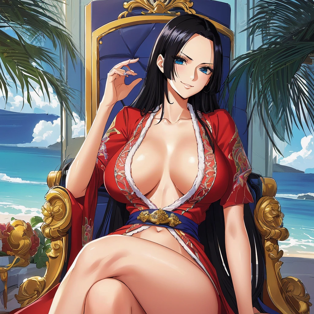 best quality, masterpiece, very detailed,1sexy girl, (Light detail), boa hancock,, (masterpiece) illustration: 1.5), detailed photo, smirk, (8k, best quality: 1, 4), beautiful face, (anime face), (gorgeous black hair, long hair: 1.3), beautiful hairstyle, Bright ocean blue eyes, Beautiful detailed eyes,, Beautiful skin, huge detailed chest, visible abs, high resolution, install in a throne