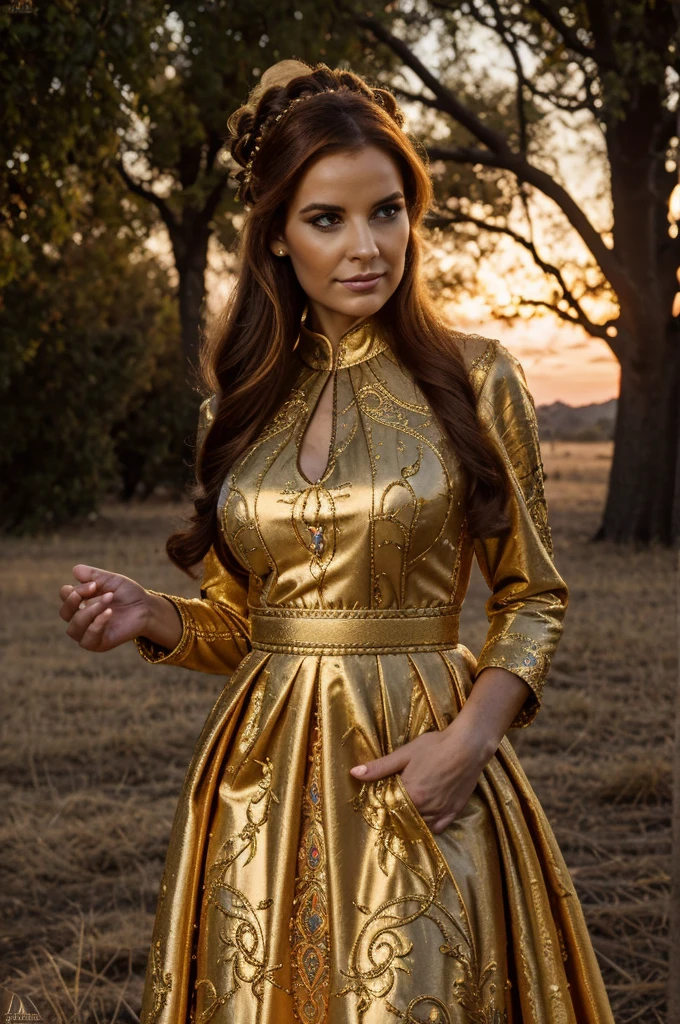 (absurdity, A high resolution, ultra detailed), 1 girl, zodiac sign – goddess Aries , One, mature, baroque, long dress, long sleeve, elegant, Colorful, as detailed as possible, upper body , sunset hair . fiery eyes . brave, wayward, productive, enterprising humanitarian .