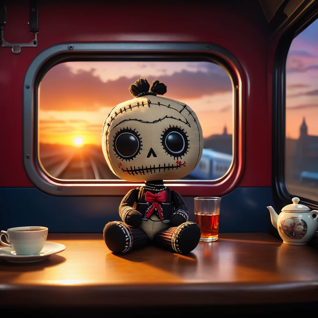 (knitted toy voodoo doll:1.2), (Voodoo sits at the table in the train compartment:1.8), on the table a glass of tea, in the background a window in a train with a sunset, the atmosphere of the train, best quality, masterpiece, detailed soft oil painting, detailed background, dramatic cinematic lighting, soft edge lighting, professional, dramatic lighting, hard edge lighting, ultra quality, 4k,masterpiece, best quality, 8k, ultra highres, highres, extremely detailed
