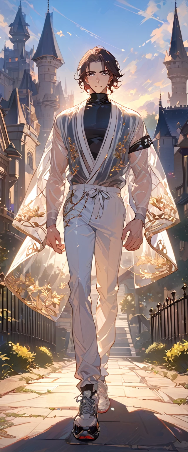 masterpiece, best quality, 8k ,4k ,solo, male, short dark blue reddish hair, black sleeveless turtle neck shirt, transparent robe hanging by the shoulder, transparent embroidery robes, white jogger pants, Walking, Manly pose, muscle arms, Armband, bangs, blue reddish eyes, pale skin, sharp look, Sharp eyes, Morning walk, Castle Hall Background, high quality, extremely detailed, finely detailed eyes and detailed face, slender body, inspired by Asukaziye artist : ask, art style : ask