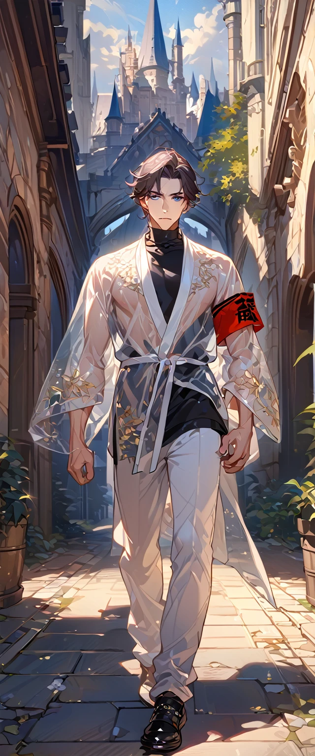 masterpiece, best quality, 8k ,4k ,solo, male, short dark blue reddish hair, black sleeveless turtle neck shirt, transparent robe hanging by the shoulder, transparent embroidery robes, white jogger pants, Walking, Manly pose, muscle arms, Armband, bangs, blue reddish eyes, pale skin, sharp look, Sharp eyes, Morning walk, Castle Hall Background, high quality, extremely detailed, finely detailed eyes and detailed face, slender body, inspired by Asukaziye artist : ask, art style : ask