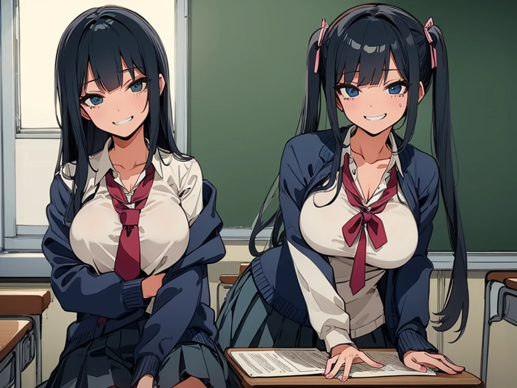 high school girl、Dressed in high 、School classroom、(Big Breasts)、Grinning face、((solo))、smirk