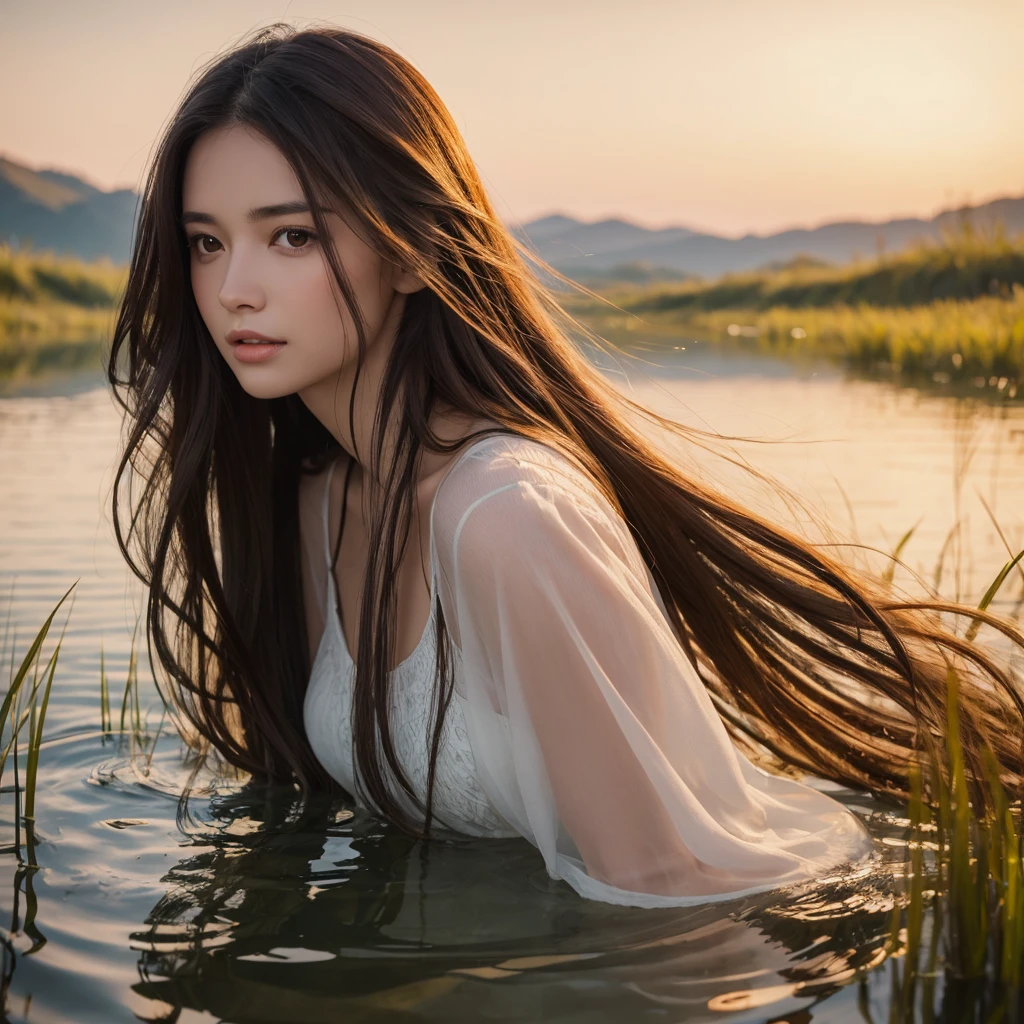 A beautiful woman with long hair playing in a lake surrounded by reeds realistic