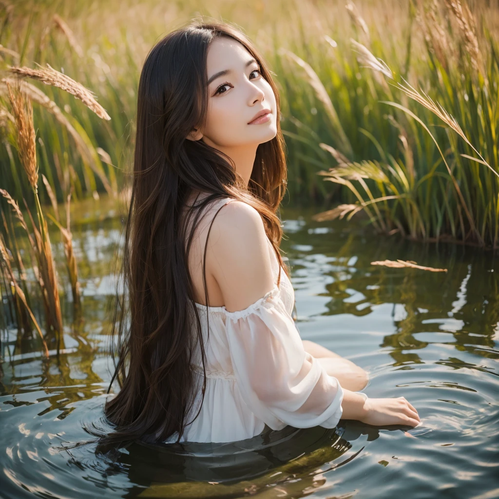 A beautiful woman with long hair playing in a lake surrounded by reeds realistic