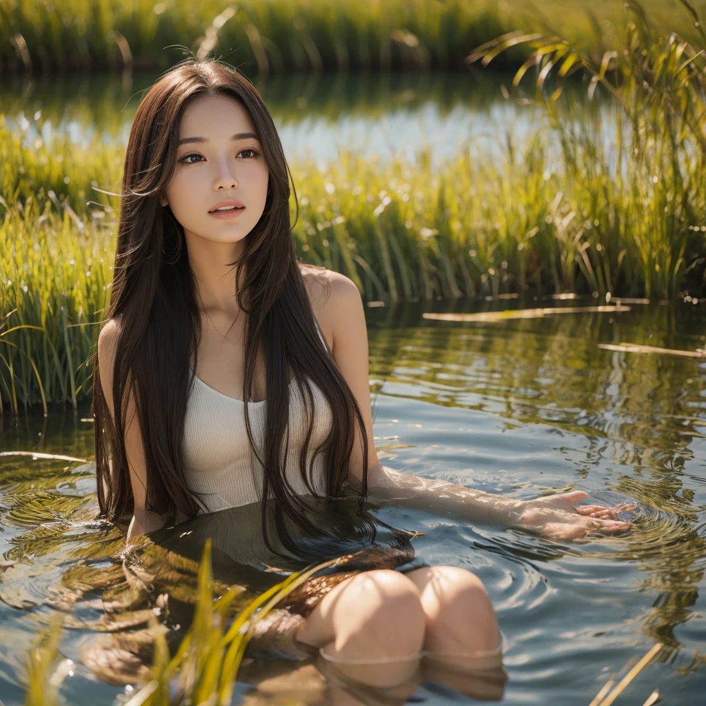 A beautiful woman with long hair playing in a lake surrounded by reeds realistic